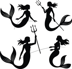 Mermaid Silhouette Illustration Set: Mythical Sea Creatures with Trident and Swirling Tails