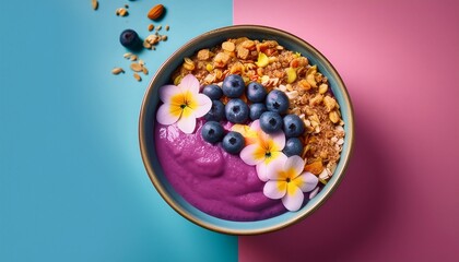 acai bowl served with fresh blueberries granola and edible flowers in vibrant tones clean simple background enhances colorful presentation concept of cafes wellness brands food bloggers