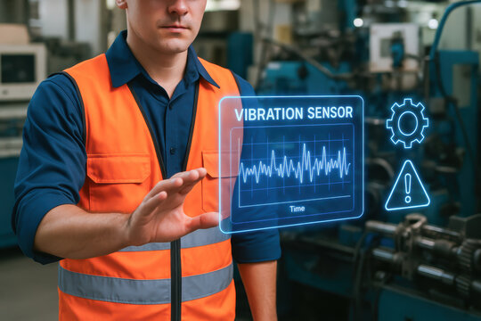 Predictive maintenance engineer uses vibration sensor technology to monitor machine condition and prevent equipment failure industrial environment