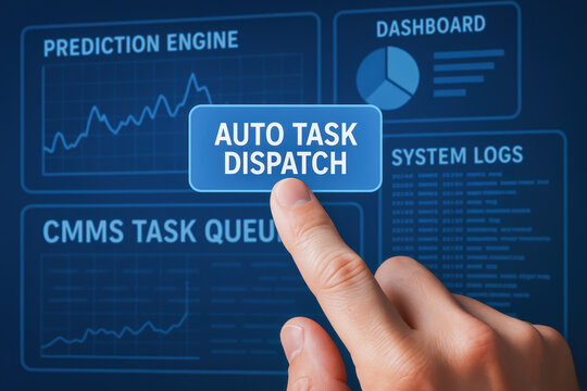 Auto task dispatch is key feature for predictive maintenance helping engineer manage tasks efficiently with system logs and dashboards - Powered by Adobe
