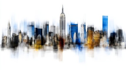 Naklejka premium Artistic watercolor-style illustration of a city skyline featuring iconic skyscrapers and buildings