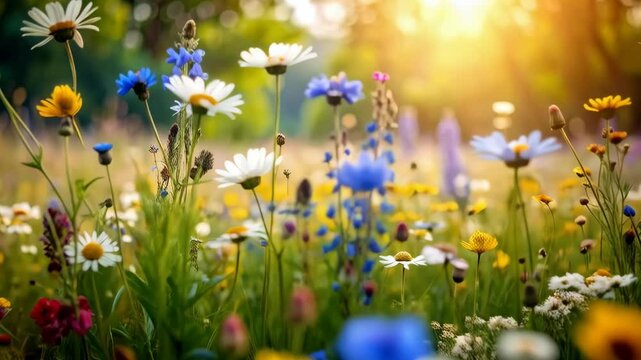 A sunlit meadow filled with colorful wildflowers including daisies and blue cornflowers in a vibrant springtime scene.