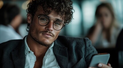 A stylish young man with curly hair and glasses sits comfortably, focused on his smartphone while surrounded by a modern cafe atmosphere, exuding confidence and charm.