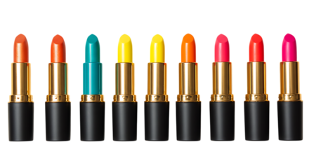 Ten vibrant lipstick tubes in various colors isolated on white background