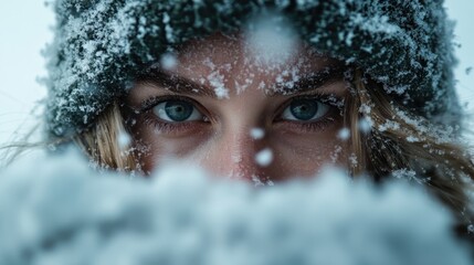 A captivating close-up of a young woman with vivid blue eyes, partially obscured by falling snow, evoking a sense of wonder and connection with the harsh winter atmosphere.