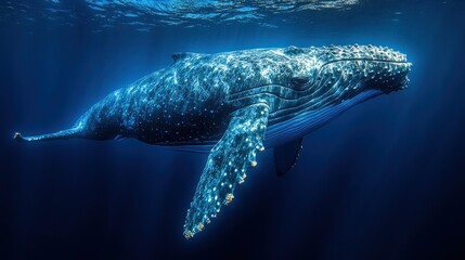 Naklejka premium Massive whale swimming in deep blue ocean