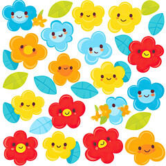 Obraz premium Cartoon Smiling Flowers Arrangement With Colorful Petals and Green Leaves on Transparent Background