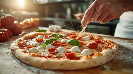A skilled chef garnishing a fresh pizza with vibrant ingredients, capturing the joy of cooking and the artistry involved in creating culinary delights.