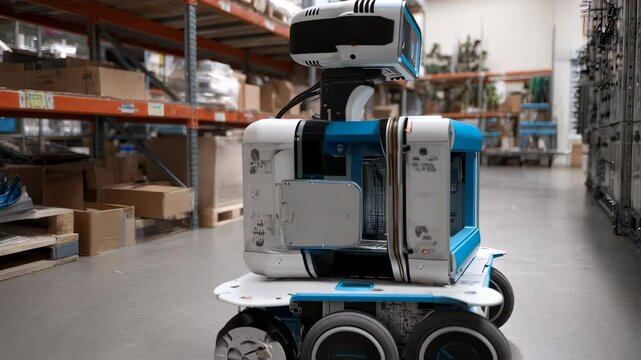 Autonomous mobile robot being assembled in a warehouse, showcasing advanced technology and automation in logistics and supply chain management