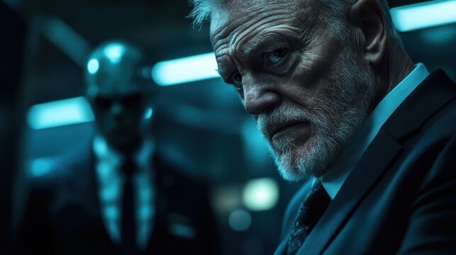 An intense older man with a stern expression wearing a suit, surrounded by shadows, reflecting strength and authority in a suspenseful atmosphere.