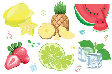 Vector illustration of a set of ripe fresh summer tropic fruits and cocktail ingredients. Fruit illustration in flat style isolated on white background.
