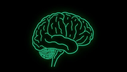 Green Neon Outline of a Human Brain on Black Background