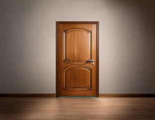 closed wooden door in the empty room with copy space