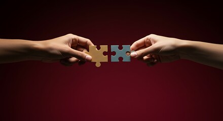 Connecting Puzzle Pieces: Two hands reach out, carefully aligning and fitting together puzzle pieces in this conceptual representation of teamwork and problem-solving.