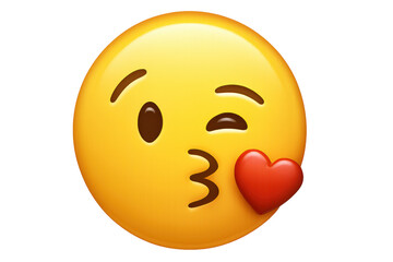 Fototapeta na wymiar Cheerful yellow emoji winking, blowing kiss next to bright red heart on transparent backdrop, expressing playful love