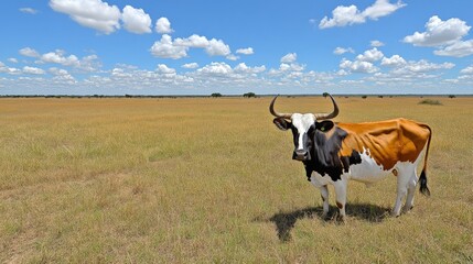 A cow with large horns standing in an open grassland under a bright blue sky with scattered clouds