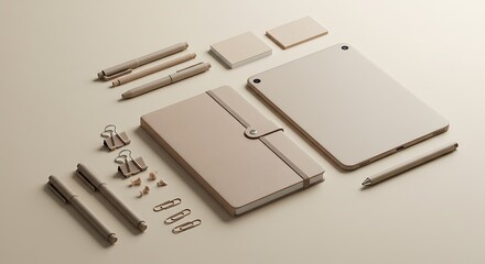 Neutral Tone Stationary Setup: A sophisticated collection of neutral-toned stationery items is thoughtfully arranged, presenting a clean and minimalist aesthetic for business and study