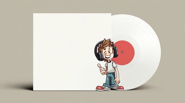 A white vinyl record mock up, plain, blank, pink red inner label, a character on the cover wearing headphones, white sleeve on a gray backdrop