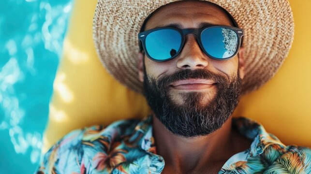 A relaxed man enjoys a sunny day by the pool, sporting stylish sunglasses and casual attire, embodying a laid-back lifestyle filled with enjoyment and leisure. - Powered by Adobe