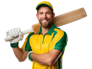 Smiling Cricketer with Bat: A cheerful male cricketer, sporting a vibrant yellow and green uniform, smiles confidently, his cricket bat resting comfortably on his shoulder.