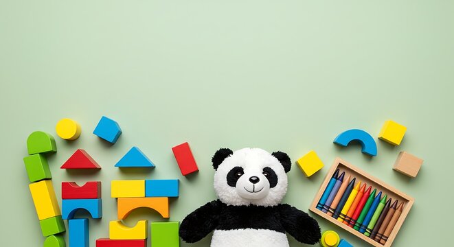 Childhood Play: Delightful assortment of colorful toys and a cuddly panda on a gentle green backdrop, creating a scene of joyful childhood and creativity. - Powered by Adobe