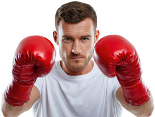Boxer in Red Gloves: A determined boxer with intense gaze, ready for action, wears red boxing gloves. His focused expression conveys strength and resilience. 
