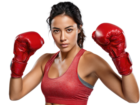 Ready for the Ring: A determined woman with focused gaze and athletic physique, stands ready in boxing stance, clad in vibrant red gloves and sportswear, exuding strength and discipline.