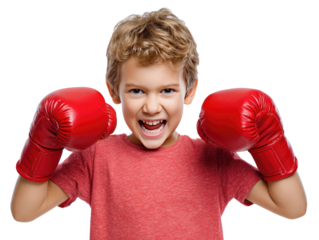 Smiling Boy Boxer: A cheerful young boy grins broadly, wearing bright red boxing gloves, radiating energy and playful determination. 
