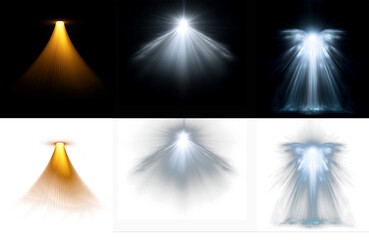 Collection of pure white and golden holy light beam effects with radiant glow and ambient rays on black background, ideal for spiritual design, fantasy scenes, or divine overlays