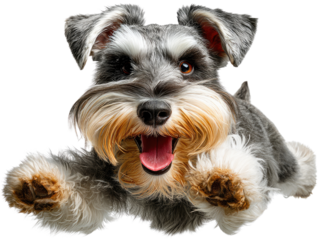 Miniature Schnauzer in Mid-Air: An adorable miniature schnauzer leaps joyfully. With a playful attitude and striking gray and silver coat.
