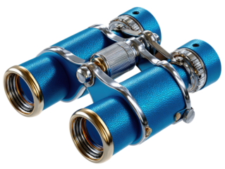 Vintage blue binoculars: A detailed, close-up view showcases the elegance of vintage blue binoculars, their metallic accents shimmering against the light, a testament to craftsmanship and exploration.