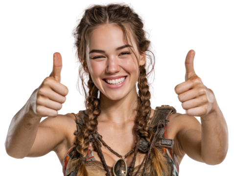 Thumbs Up and Joyful Expression: A beaming individual, with braided hair and a spirited demeanor, flashes a delightful grin while offering a double thumbs-up, radiating confidence and positivity. 