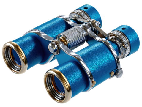 Vintage blue binoculars: A detailed, close-up view showcases the elegance of vintage blue binoculars, their metallic accents shimmering against the light, a testament to craftsmanship and exploration.