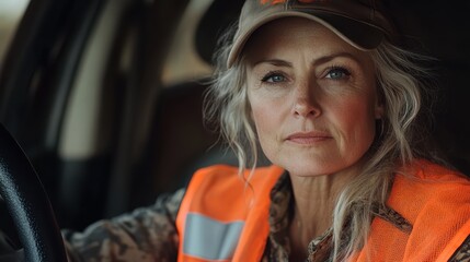 A focused woman in an orange safety vest and cap sits in a vehicle, reflecting confidence and determination, ready for her outdoor hunting adventure in nature.