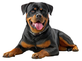 Fototapeta premium Magnificent Rottweiler: a stately Rottweiler, with its strong physique and intelligent gaze, exudes confidence and loyalty, lying down gracefully in a photorealistic setting.