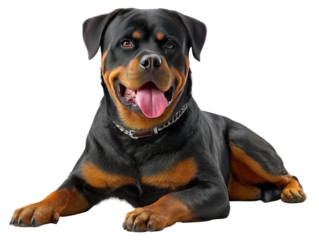 Magnificent Rottweiler: a stately Rottweiler, with its strong physique and intelligent gaze, exudes confidence and loyalty, lying down gracefully in a photorealistic setting.