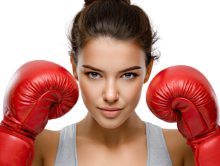 Confident Boxer Woman: Close-up portrait of a determined young woman wearing red boxing gloves, her gaze unwavering and powerful. Her expression conveys strength and readiness for a challenge.