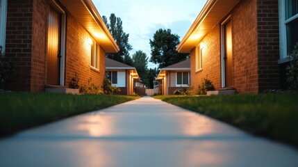 A serene evening scene of brick homes illuminated by soft lights along a paved walkway, creating a welcoming atmosphere that invites relaxation and comfort.
