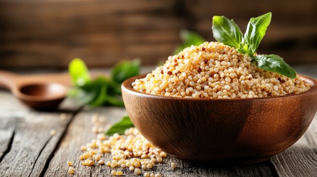 An inviting bowl of quinoa sprinkled with vibrant green basil, resting on a rustic wooden surface, embodying freshness and healthiness, ideal for nutritious meal inspiration.