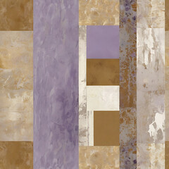 Elegant minimalist collage blending Impressionist brush textures with flat modern shapes, in lavender, ivory, and muted ochre.