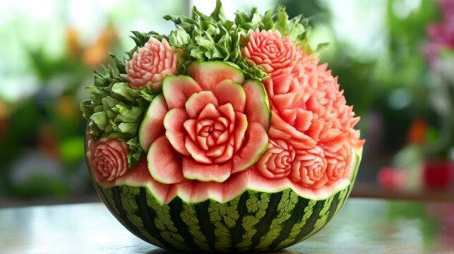 Intricate watermelon carving art with roses and leaves, displayed on a table against a blurred background.