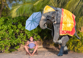 On a tropical beach, an elephant carries a parasol to a man in a retro swimsuit