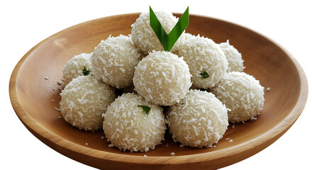 Delicious onde onde balls covered in coconut flakes isolated on white background