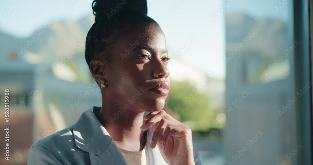 Aufkleber business, thinking and black woman with vision in office for planning, idea or real estate insight. 