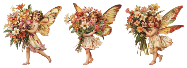 PNG Vintage floral fairy illustrations, element set on transparent background