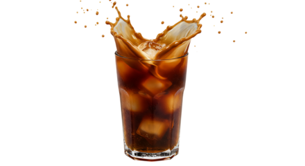 Refreshing iced coffee splash in glass with ice cubes isolated on white background