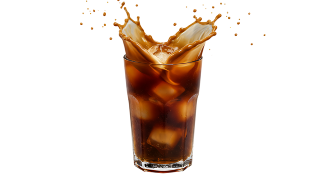Refreshing iced coffee splash in glass with ice cubes isolated on white background