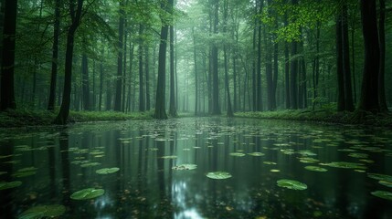 Misty forest pond, tranquil scene
