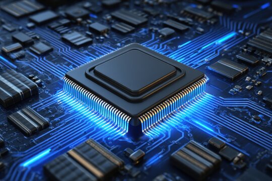A computer chip is shown in a blue color