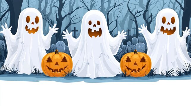 Halloween-themed horizontal banner featuring three friendly ghosts in a spooky graveyard setting with pumpkins.  Space at bottom for text